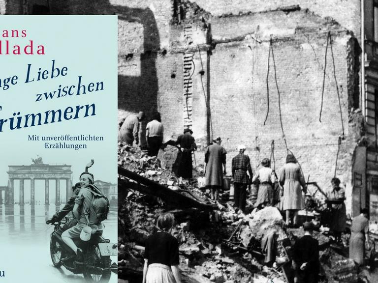 Buchcover Hans Fallada: Junge Liebe zwischen Trümmern, im Hintergrund Trümmerfrauen