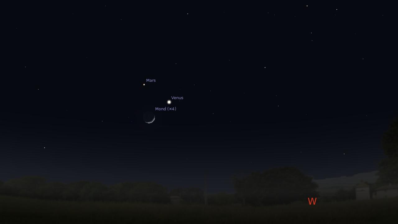 Die Mondsichel, Venus und Mars morgen Abend am Westhimmel