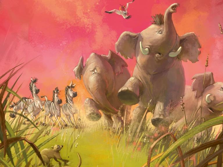 Ausschnitt aus dem Kinderbuch "Bestimmer sein. Wie Elvis die Demokratie erfand" von Katja Reider, und Cornelia Haas: Elefanten und Zebras und Erdmännchen begegnen sich.