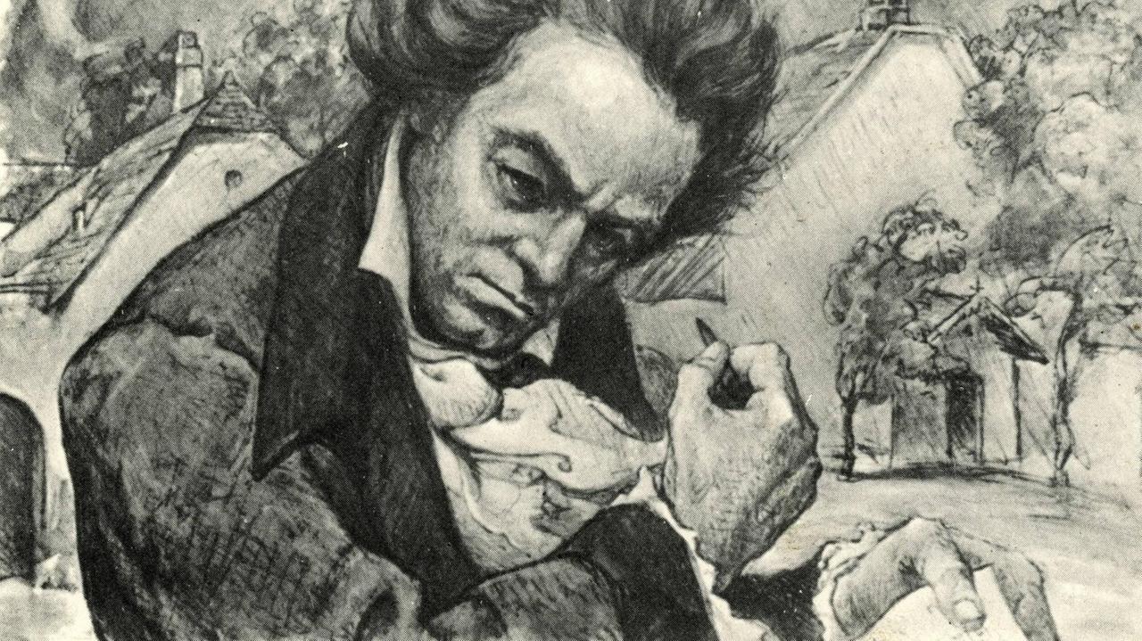 Illustration Beethovens, der entschlossen einen Stift in der Hand hält, um zu komponieren.