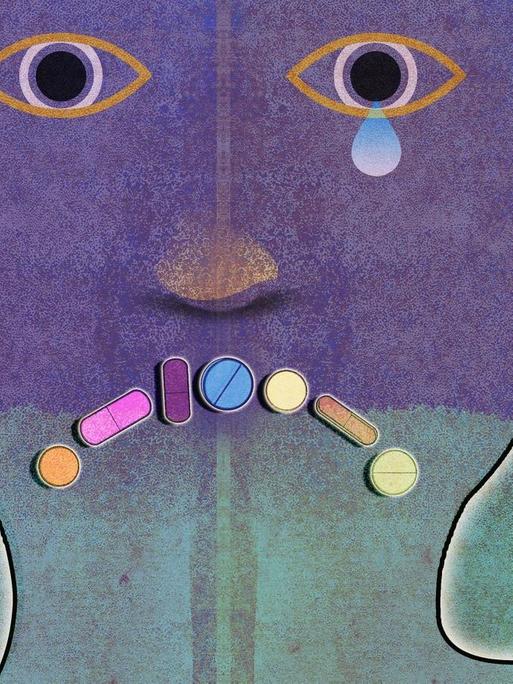 Illustration: Gesicht eines niedergeschlagenen Mannes mit farbigen Pillen als traurigem Mund. Eine Träne läuft aus einem Auge das Gesicht herunter.