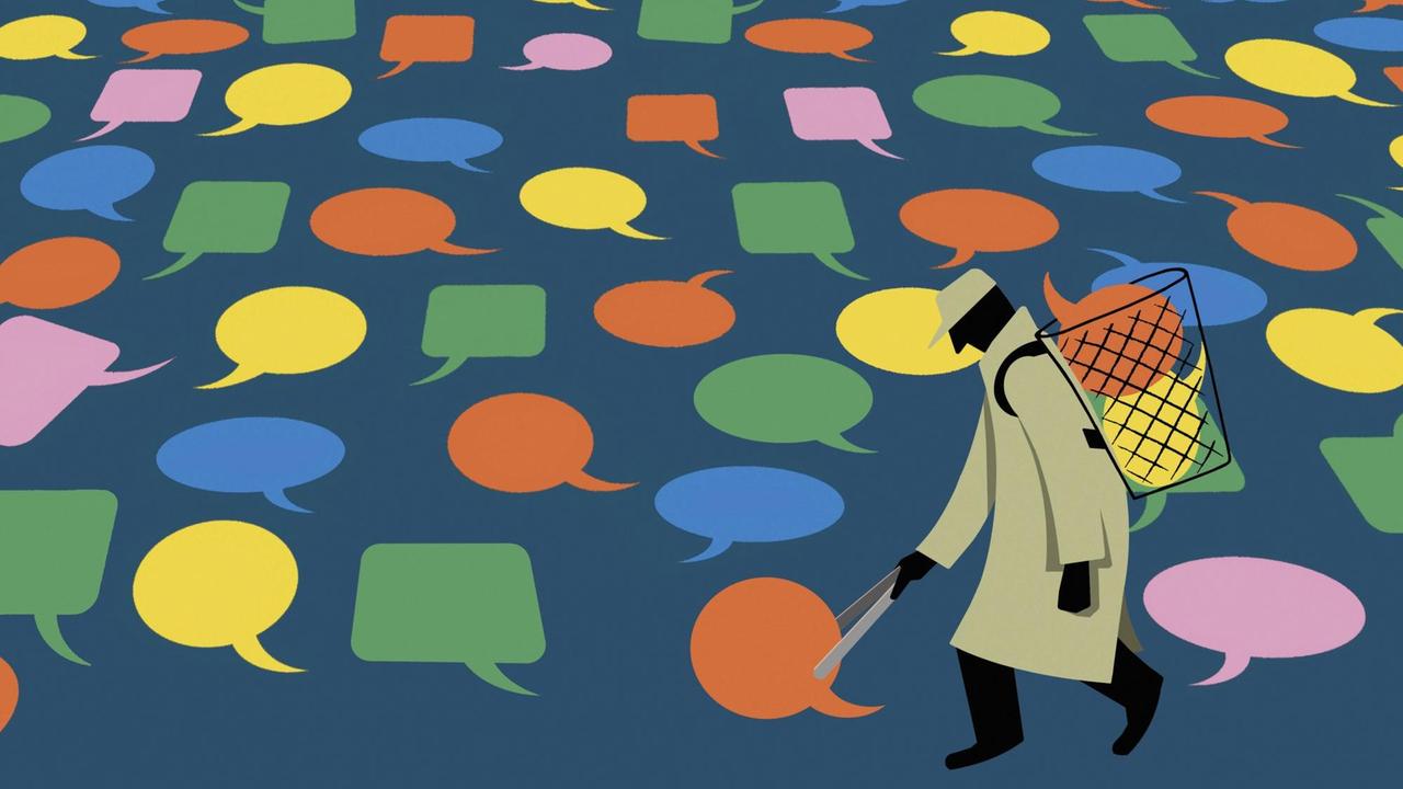 Illustration: Ein Mensch sammelt viele verschiedene Sprechblasen mit einer Zange auf und schmeißt sie in einen Mülleimer, den er auf einem Rücken trägt.