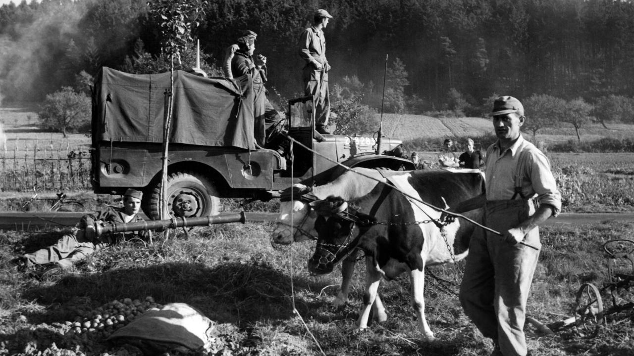 Trotz des um ihn herum stattfindenden großen Herbstmanövers der US-Armee im Jahre 1951 im Kinzigtal in der Nähe von Hanau geht ein deutscher Bauer (r) seiner Arbeit, der Kartoffelernte, nach. Im Hintergrund amerikanische Soldaten.