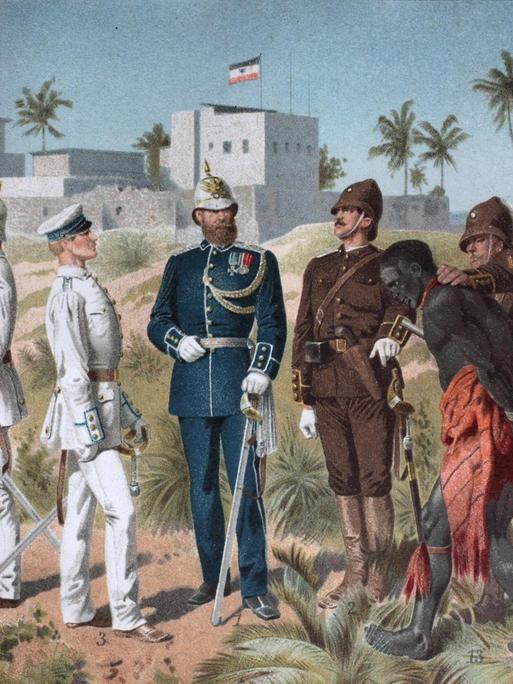 Koloniale Truppen in den afrikanischen Gebieten des Deutschen Kolonialreichs vom Ende des 19. Jahrhunderts bis 1918 (Farbige Zeichnung)