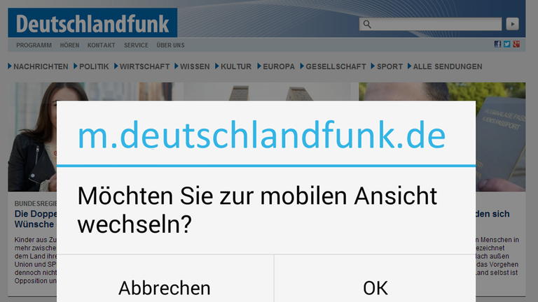 Screenshot der Abfrage: Wollen Sie zur mobilen Ansicht wechseln? Screenshot der Abfrage: Wollen Sie zur mobilen Ansicht wechseln?