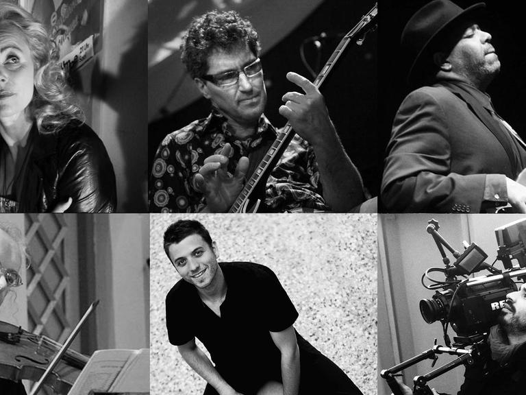 Sechs Porträts von Musikern, die beim Bandprojekt Lunattack spielen