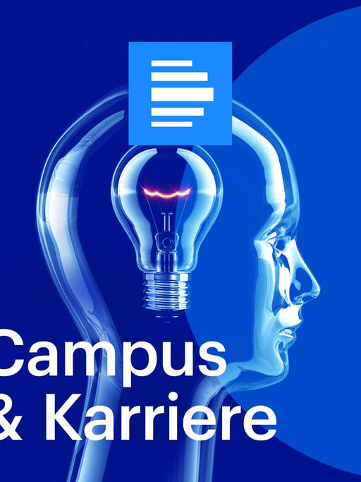 Das Bild zeigt das Podcast-Logo der Beiträge von "Campus und Karriere". Vor blauem Hintergrund ist ein gläserner, durchsichtiger Kopf zu sehen, in dem eine Glühbirne glimmt. Darüber ist zu lesen: "Campus und Karriere - Beiträge".