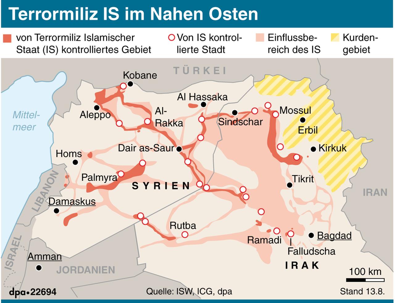 Karte zu den von der Terrormiliz IS kontrollierten Gebieten im Irak und in Syrien.