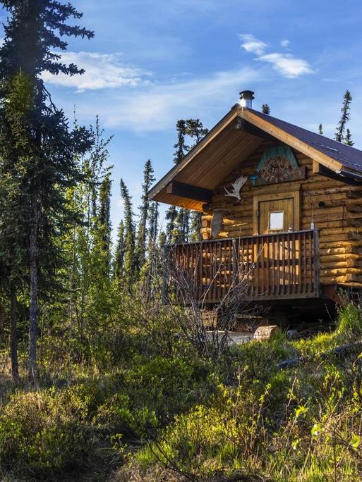 Eine Holzhütte steht abgeschieden in einem Wald in Alaska.