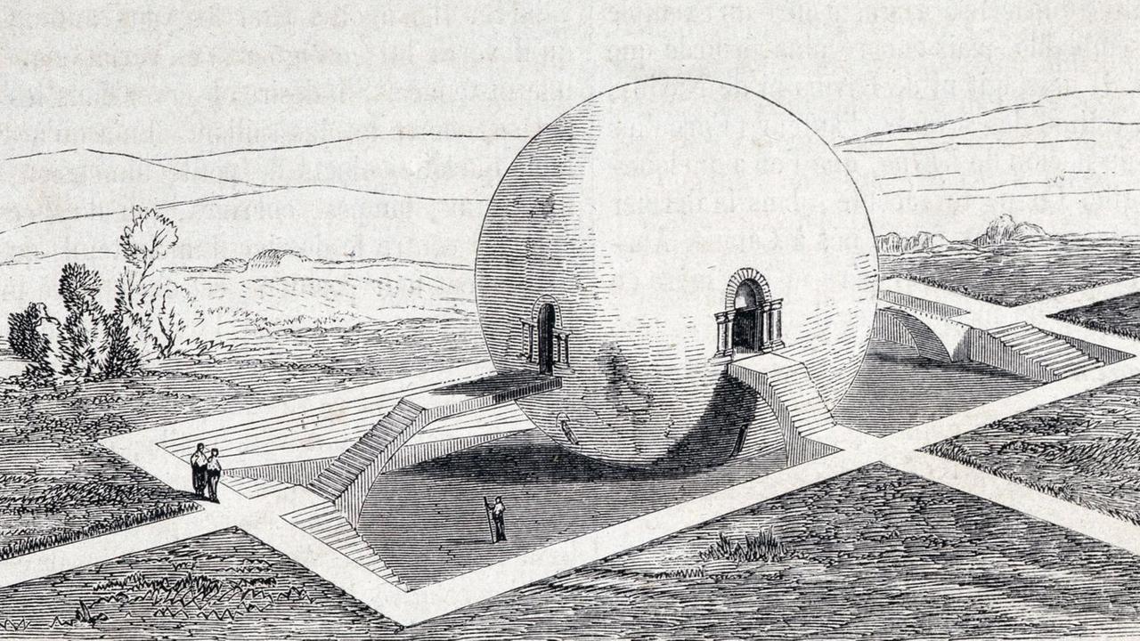 Utopie Projekt eines kugelrunden Hauses für landwirtschaftliche Mitarbeiter von Claude Ledoux. Ein Kupferstich aus dem Magasin Pittoresque von 1859.