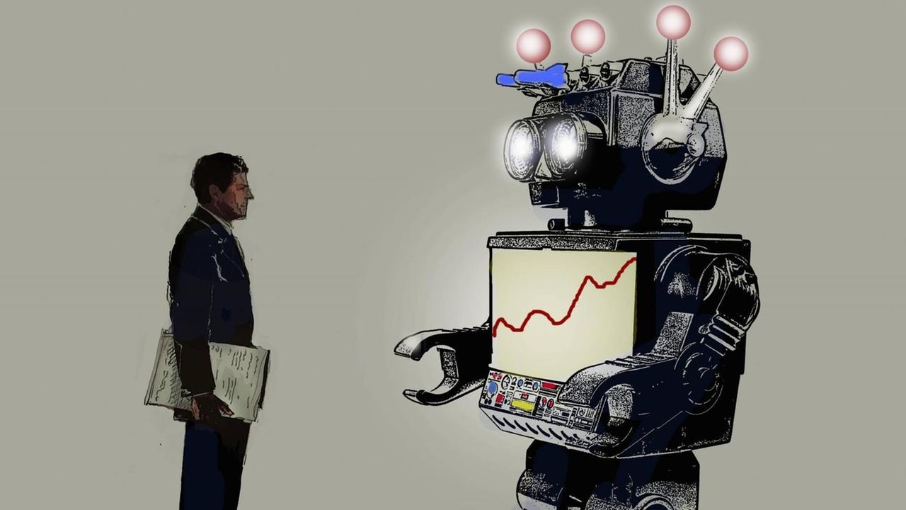 Geschäftsmann schaut auf Liniendiagramm auf dem Bildschirm eines Roboters