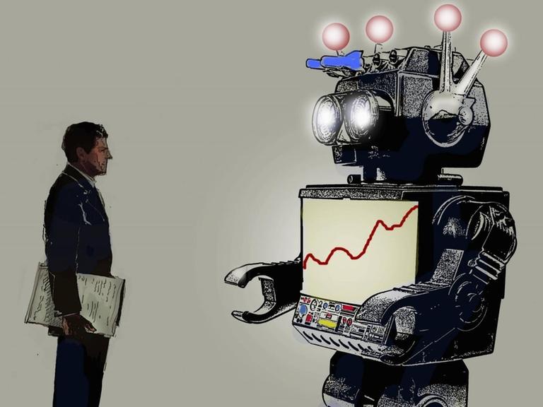 Ein Mann mit Papieren unter dem Armt steht einen Roboter gegenüber.