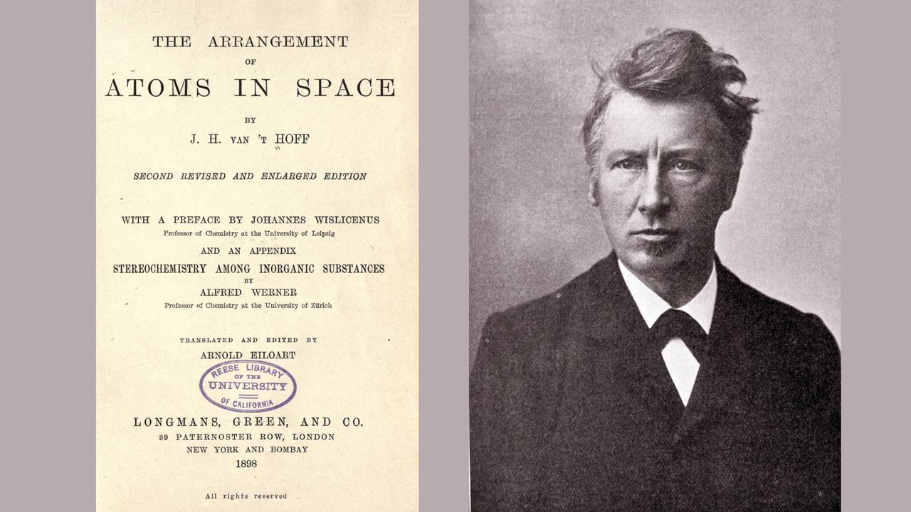 Jacobus Henricus van ’t Hoff (1852-1910), links der Titel seines Werks "Atoms in Space"/"Die Lagerung der Atome im Raume"