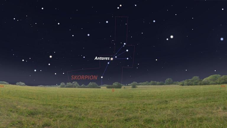 Gegen 23 Uhr steht der rötliche Stern Antares im Süden