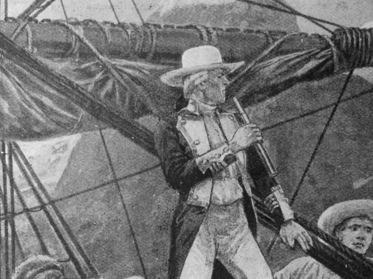 Eine Zeichnung zeigt Captain Cook wie er die Südsee entdeckt haben will.