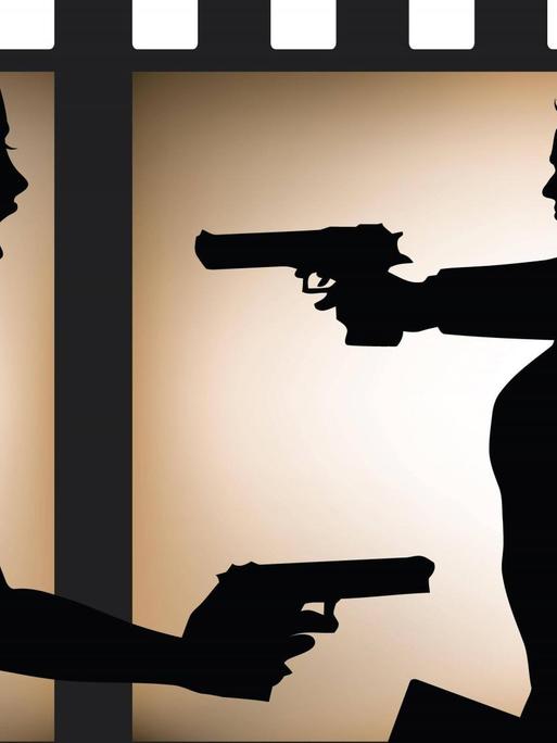 Ein Filmstreifen, auf dem eine Frau und ein Mann mit gezückten Waffen in entgegengesetzte Richtungen gehen.