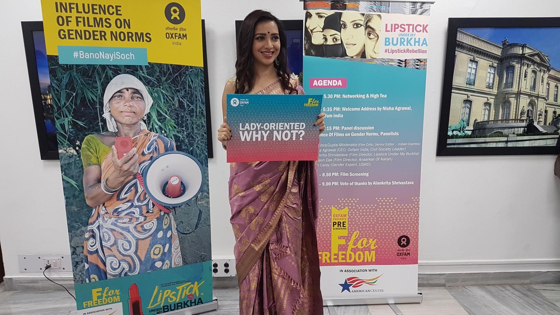 Die indische Schauspielerin Plabita Borthakur posiert in Neu Delhi (Indien) bei einer Veranstaltung zum Kinostart ihres Films "Lipstick Under My Burkha".