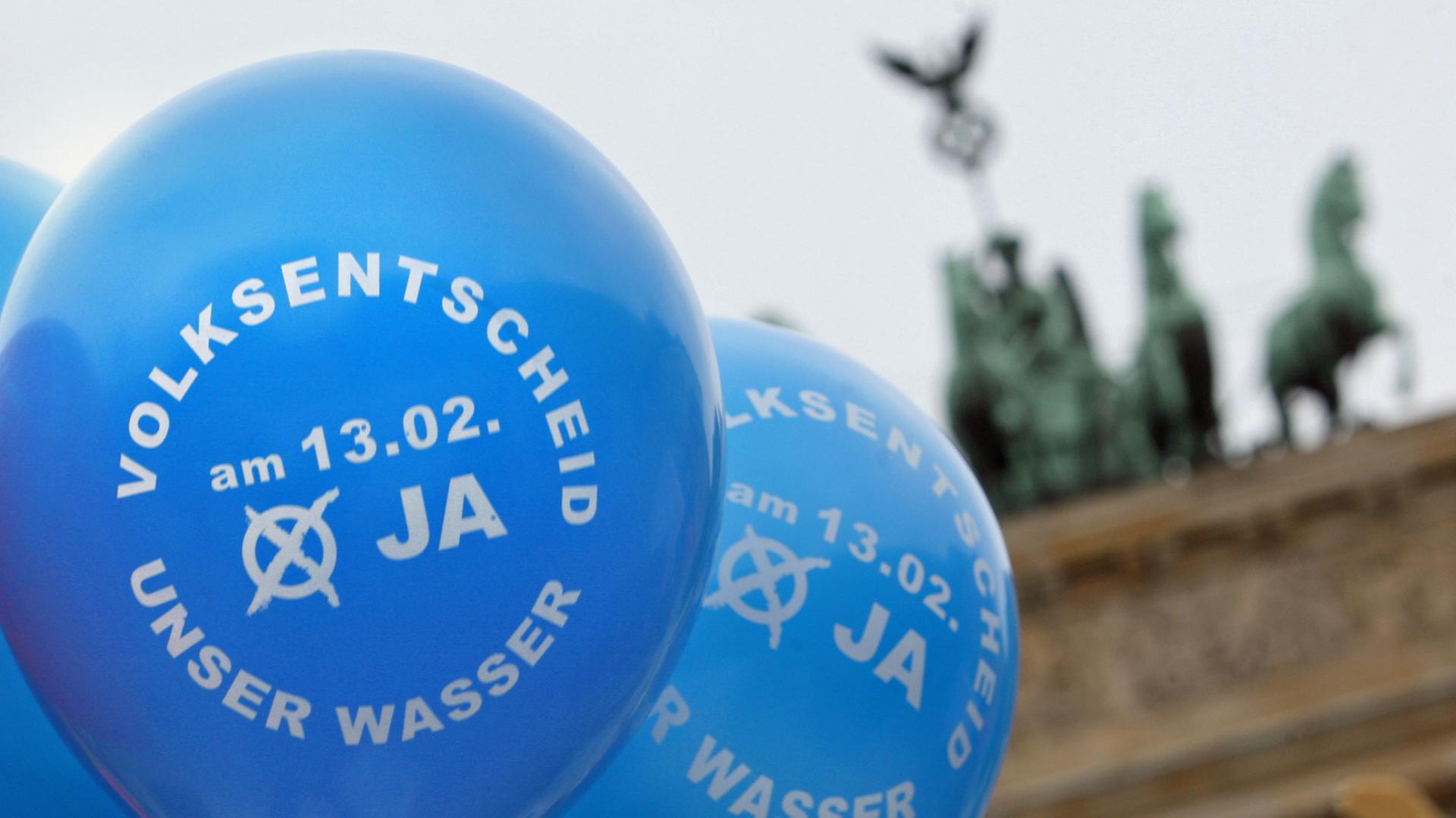 Luftballons mit dem Aufruf zum Volksentscheid am 13.02. sind am Freitag (11.02.2011) vor dem Brandenburger Tor in Berlin zu sehen. Mit einer Kundgebung rief die Bürgerinitiative "Aufruf zum Volkentscheid" zur Abstimmung über die Offenlegung der Wasserverträge in Berlin auf.