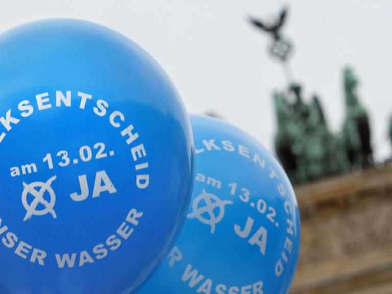 Luftballons mit dem Aufruf zum Volksentscheid am 13.02. sind am Freitag (11.02.2011) vor dem Brandenburger Tor in Berlin zu sehen. Mit einer Kundgebung rief die Bürgerinitiative "Aufruf zum Volkentscheid" zur Abstimmung über die Offenlegung der Wasserverträge in Berlin auf.