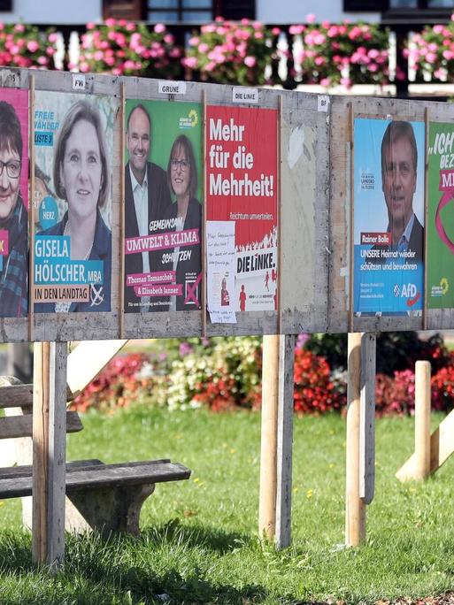 Zahlreiche Wahlplakate auch kleiner Parteien sind in einem bayerischen Dorf vor einem Haus aufgestellt.
