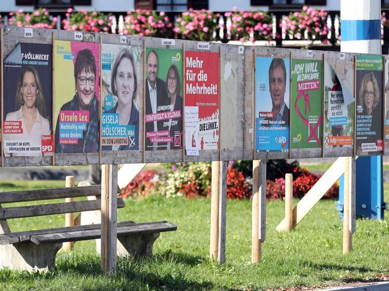 Zahlreiche Wahlplakate auch kleiner Parteien sind in einem bayerischen Dorf vor einem Haus aufgestellt.
