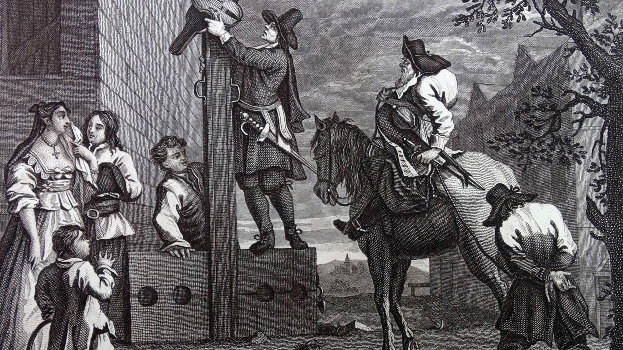 Gravur von William Hogarth (1697 - 1764)  - Puritaner führen einen Delinquenten zum Pranger
