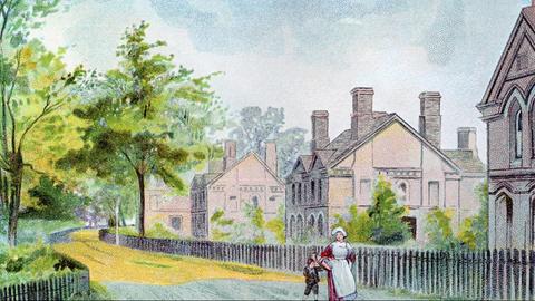 Eine Chromolithographie von 1892 zeigt die Modellsiedlung für Arbeiter der Schokoladenfabrik Cadbury in Bournville bei Birmingham.
