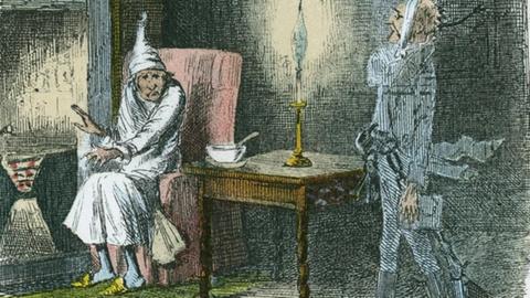 Historische Darstellung (Künstler: John Leech) aus "A Christmas Carol" von Charles Dickens, 1843. Ebenezer Scrooge wird am Weihnachtsabend vom Geist seines Geschäftspartners Marley besucht. | Ann Ronan Picture Library / Heritage Images | Verwendung weltweit, Keine Weitergabe an Wiederverkäufer.