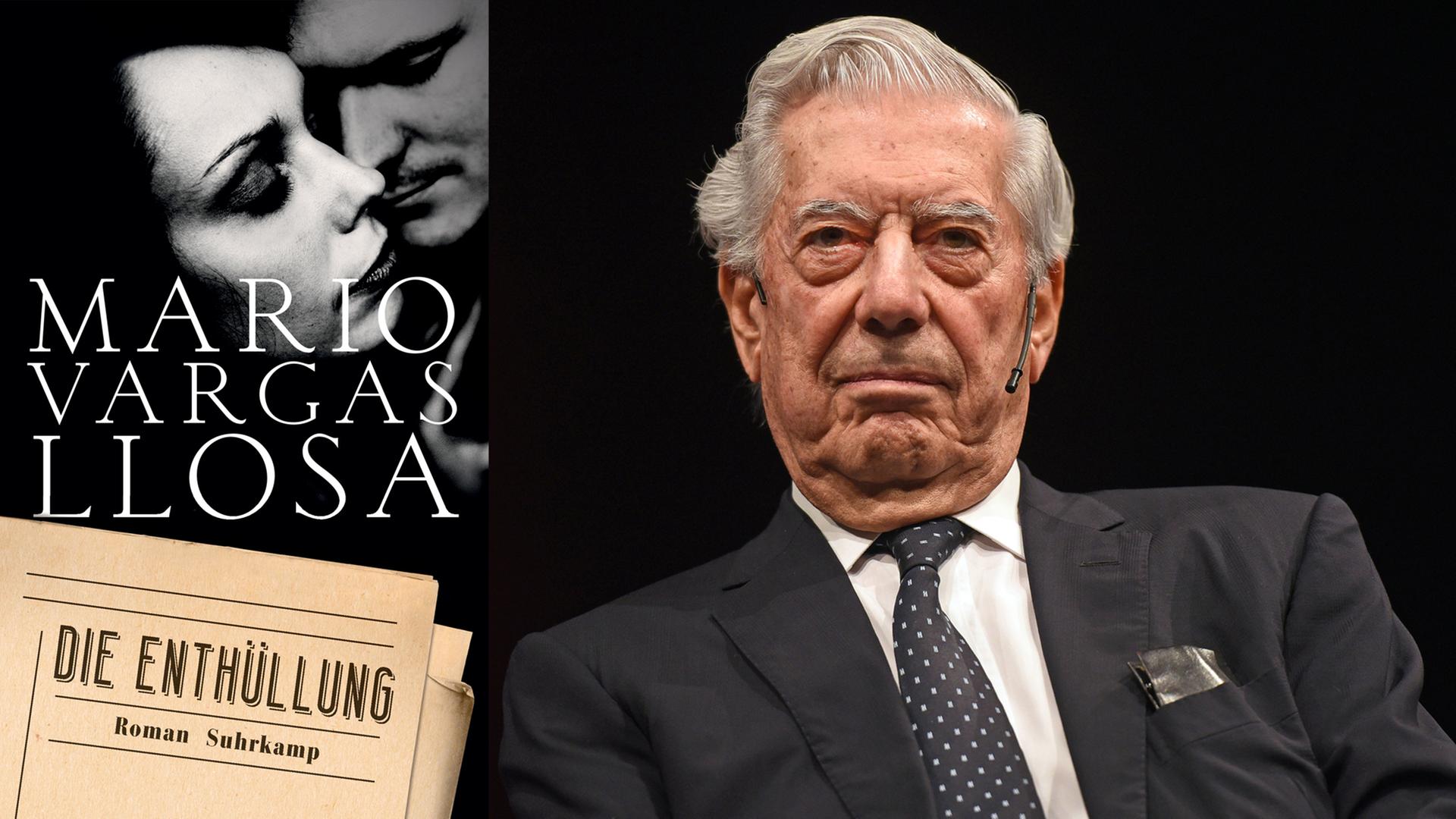 Der Autor Mario Vargas Llosa sitzt am 23. Oktobe 2016 in Köln bei einer Lesung seines Buches "Die Enthüllung". Links: das Buchvover der Neuerscheinung.
