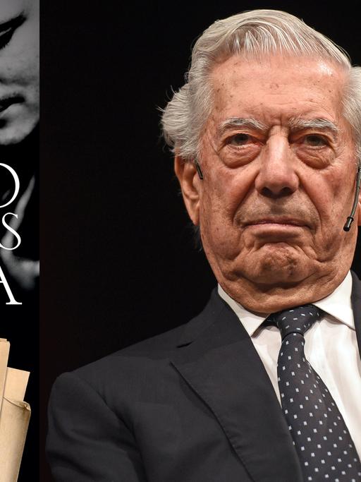 Der Autor Mario Vargas Llosa sitzt bei einer Lesung in Köln. Links: das Buchcover seine neuesten Romans "Die Enthüllung".