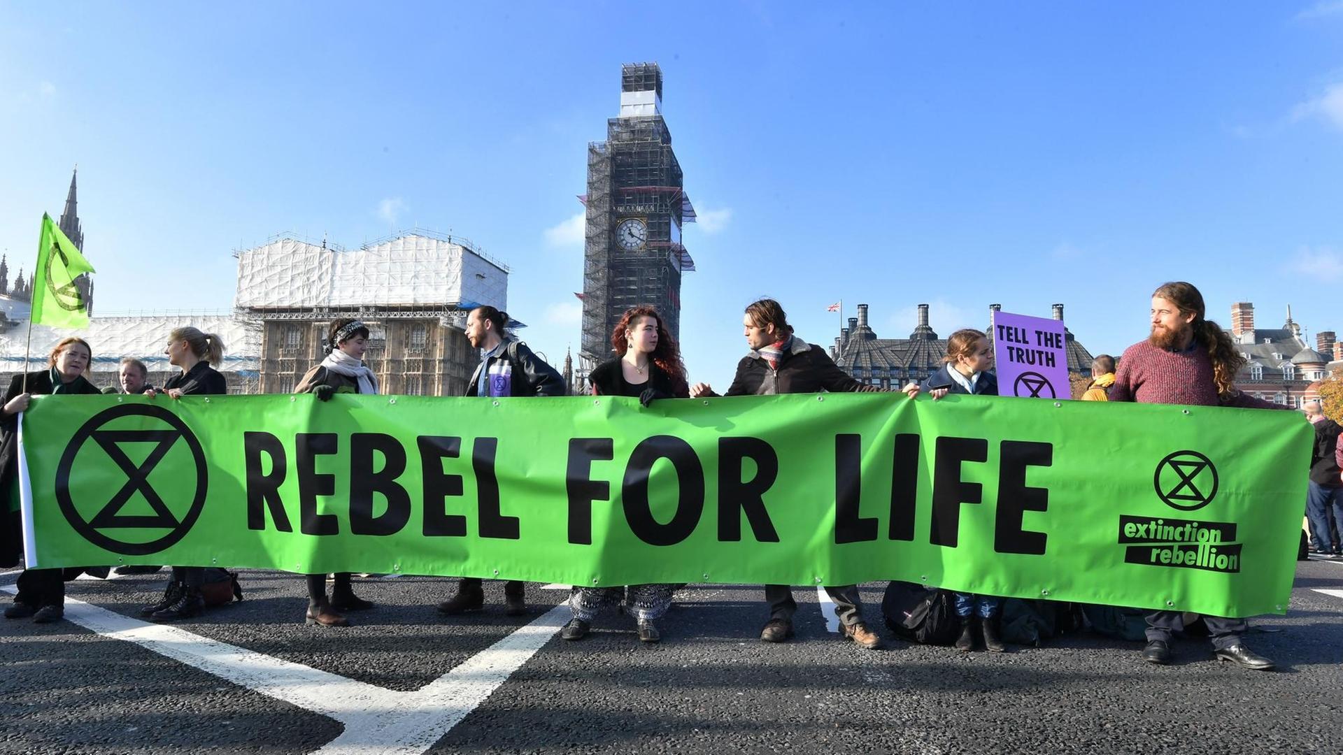 Die Demonstranten stehen nebeneinander auf der Brücke und halten das grüne Banner in den Händen. Dahinter das eingerüstete Parlament mit dem Big Ben.