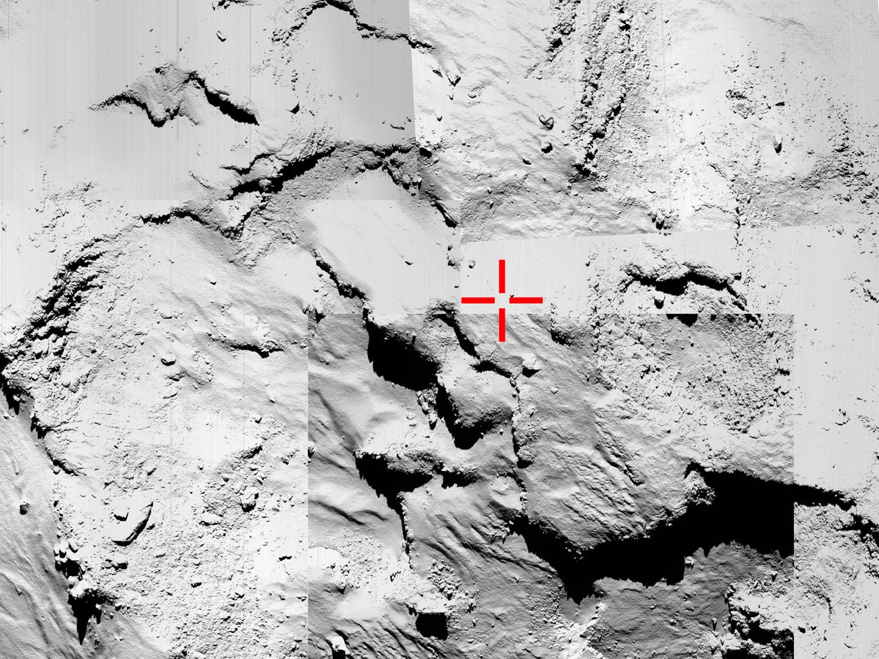 Mehrere Bilder zeigen die Oberfläche des Kometen 67P/Tschurjumov-Gerasimenko.