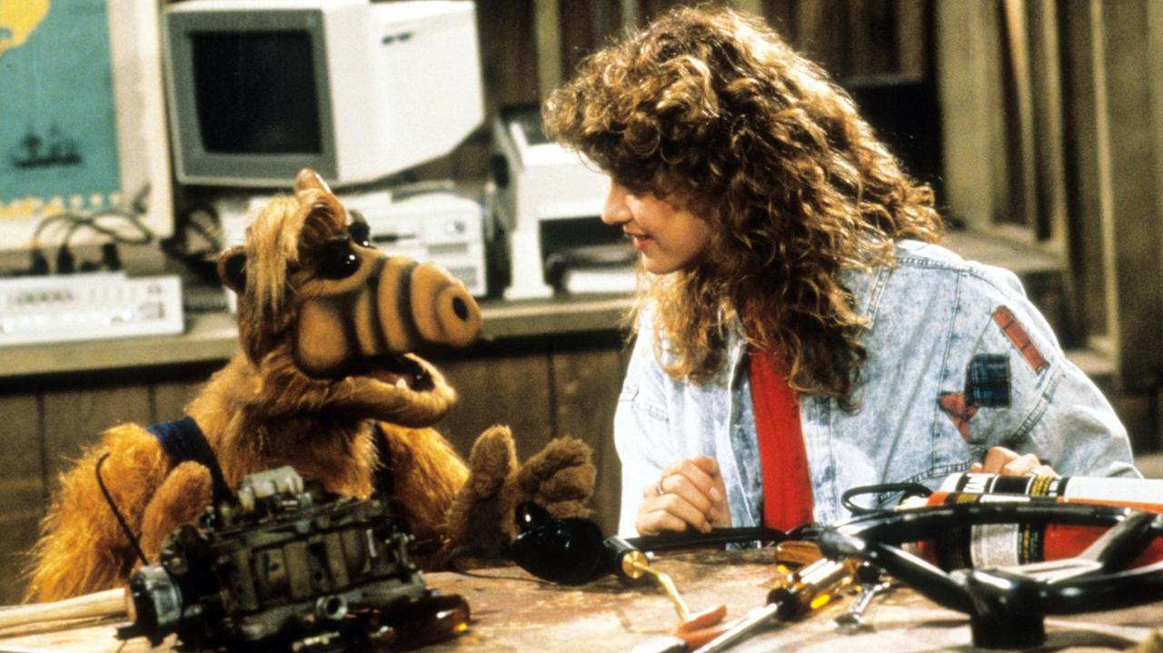 Szene aus der TV-Serie Alf. Alf, das behaarte Besucher aus dem All, und eine Frau sitzen an einem Tisch und unterhalten sich.