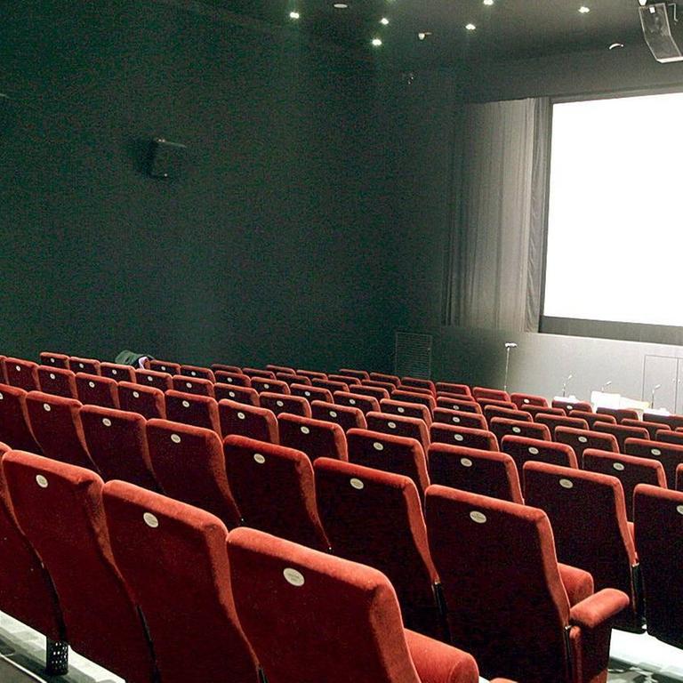 Ein leerer Kinosaal. Leere Sitzreihen vor einer leeren Leinwand.