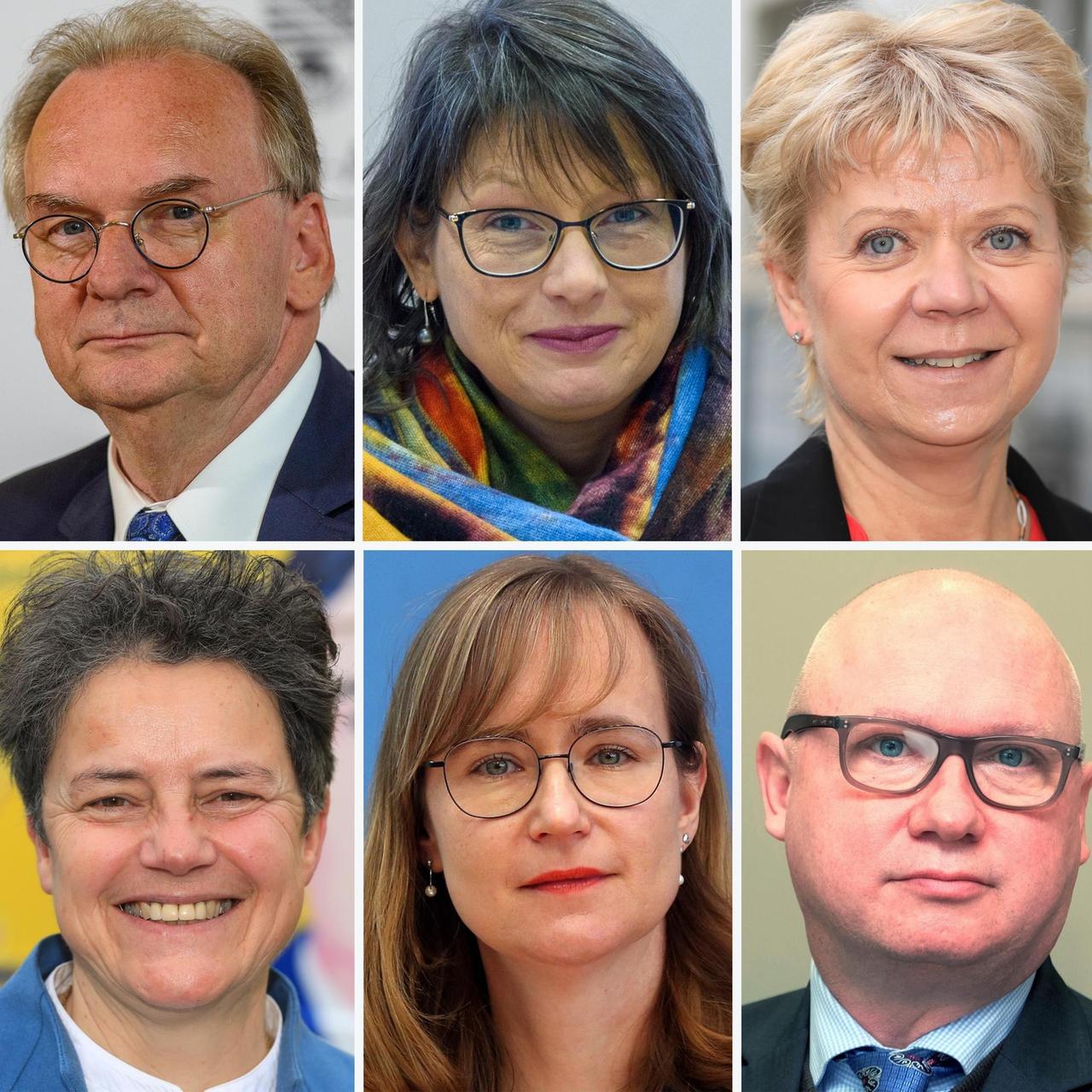 Die Kombo zeigt die Spitzenkandidaten der aussichtsreichsten Parteien für die Landtagswahl in Sachsen-Anhalt am 06. Juni 2021: Reiner Haseloff (CDU, o. l-r), Ministerpräsident des Landes Sachsen-Anhalt, Katja Pähle (SPD), Cornelia Lüddemann (Grüne), Lydia Hüskens (FDP, u. l-r), Eva von Angern (Linke) und Oliver Kirchner (AfD).