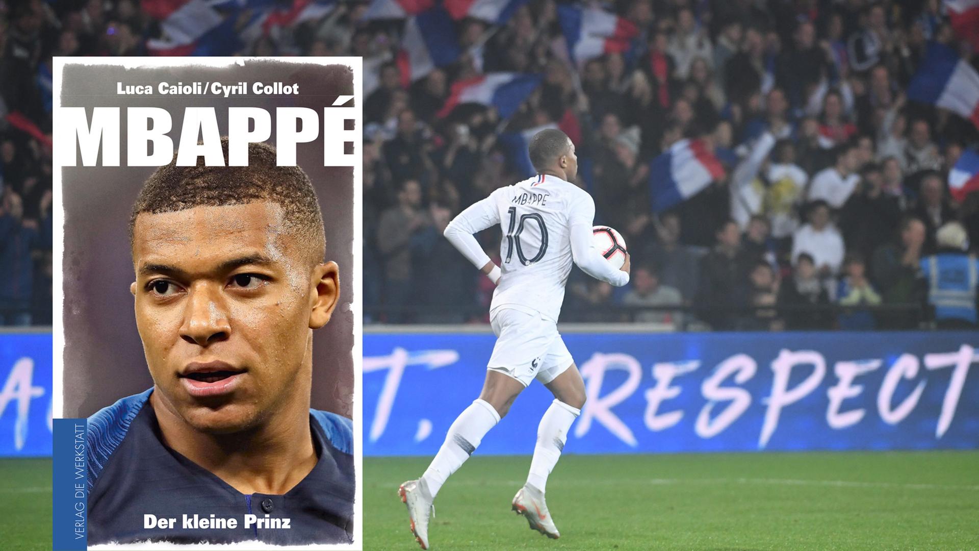 Im Vordergrund ist das Cover des Buches "Mbappé. Der kleine Prinz". Im Hintergrund ist der Fußballer