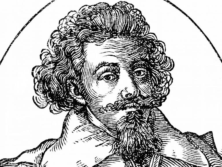 Historische Zeichnung eines Mannes mit lockigen Haaren und Umhang mit üppigen Kragen.