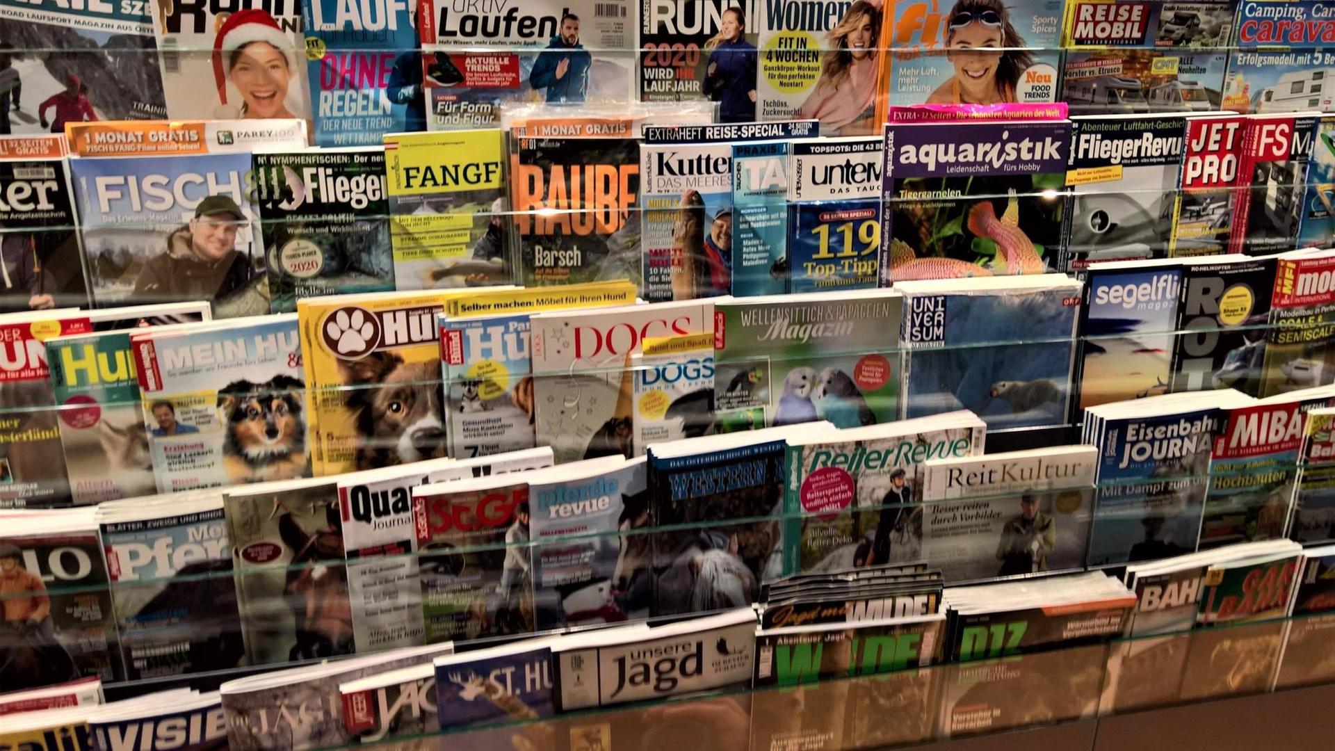Etliche Zeitschriften und Magazine liegen in einem Kioskregal aus