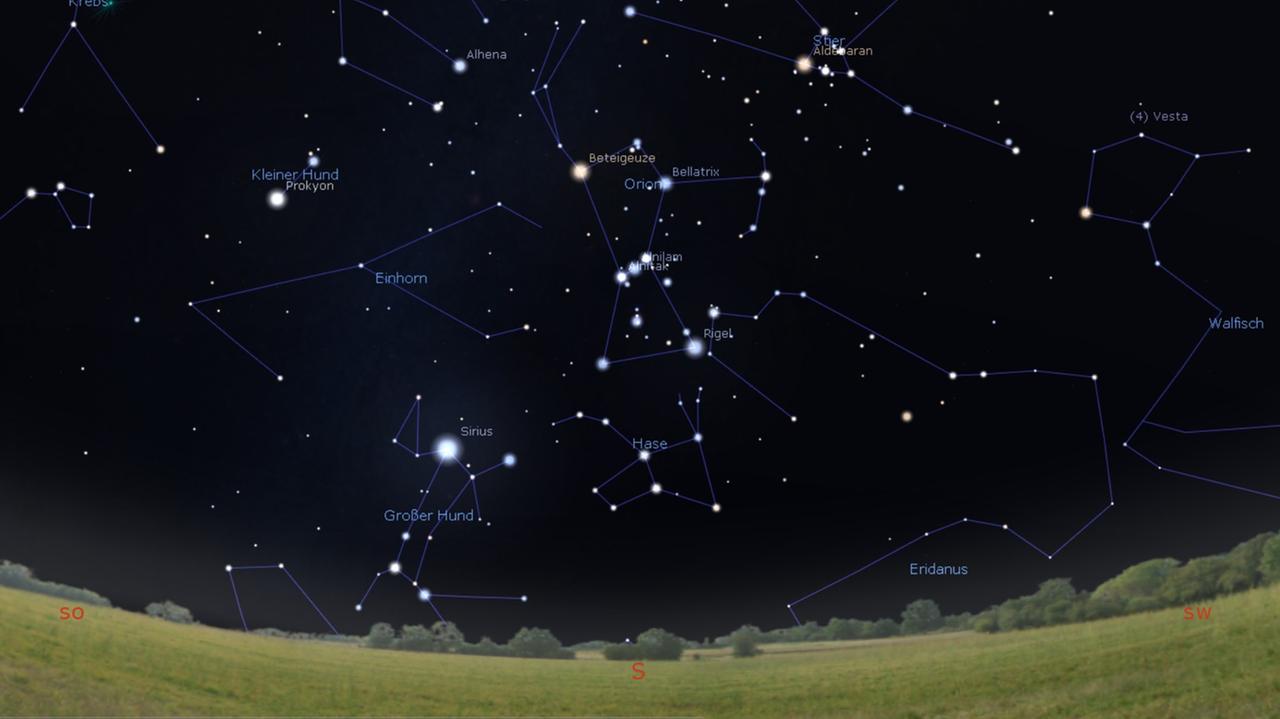 Der Hase hoppelt gegen 22 Uhr über den Südhimmel, unterhalb des Sternbilds Orion und links vom hellen Stern Sirius