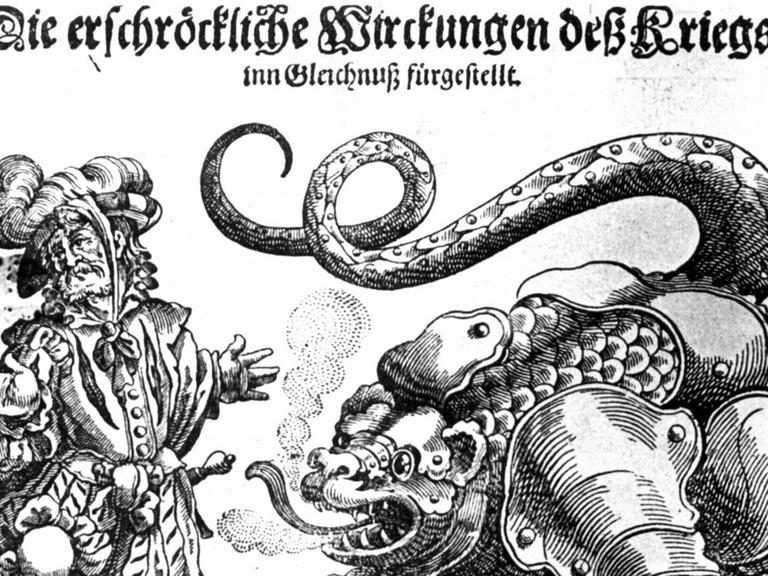 Ein zeitgenössisches Flugblatt aus der Zeit des Dreißigjährigen Krieges (1618-1648), dem auf deutschem Boden ausgetragenen Religions- und Staatenkonflikt, zeigt symbolisch "Die erschröckliche Wirkungen des Kriegs"