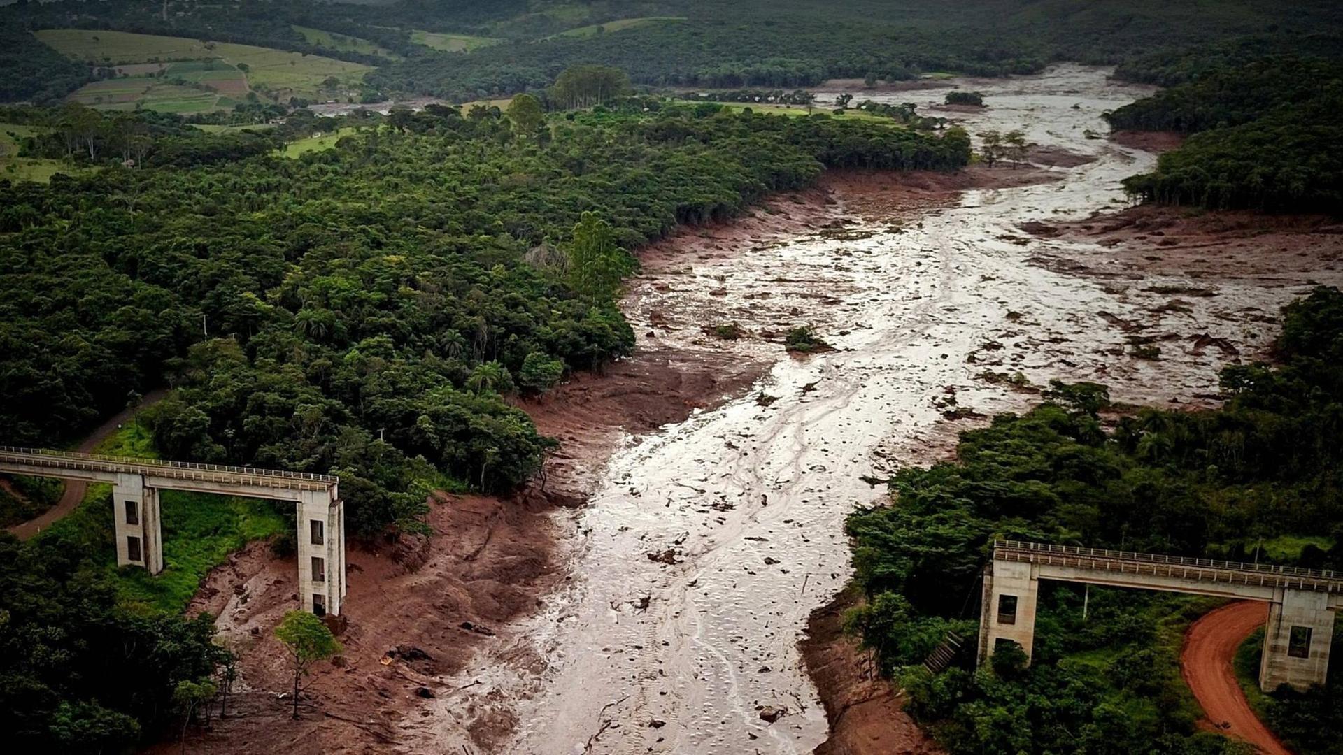 Zerstörungen einer Schlammlawine nach dem Dammbruch in einer Eisenerzmine im brasilianischen Brumadinho.