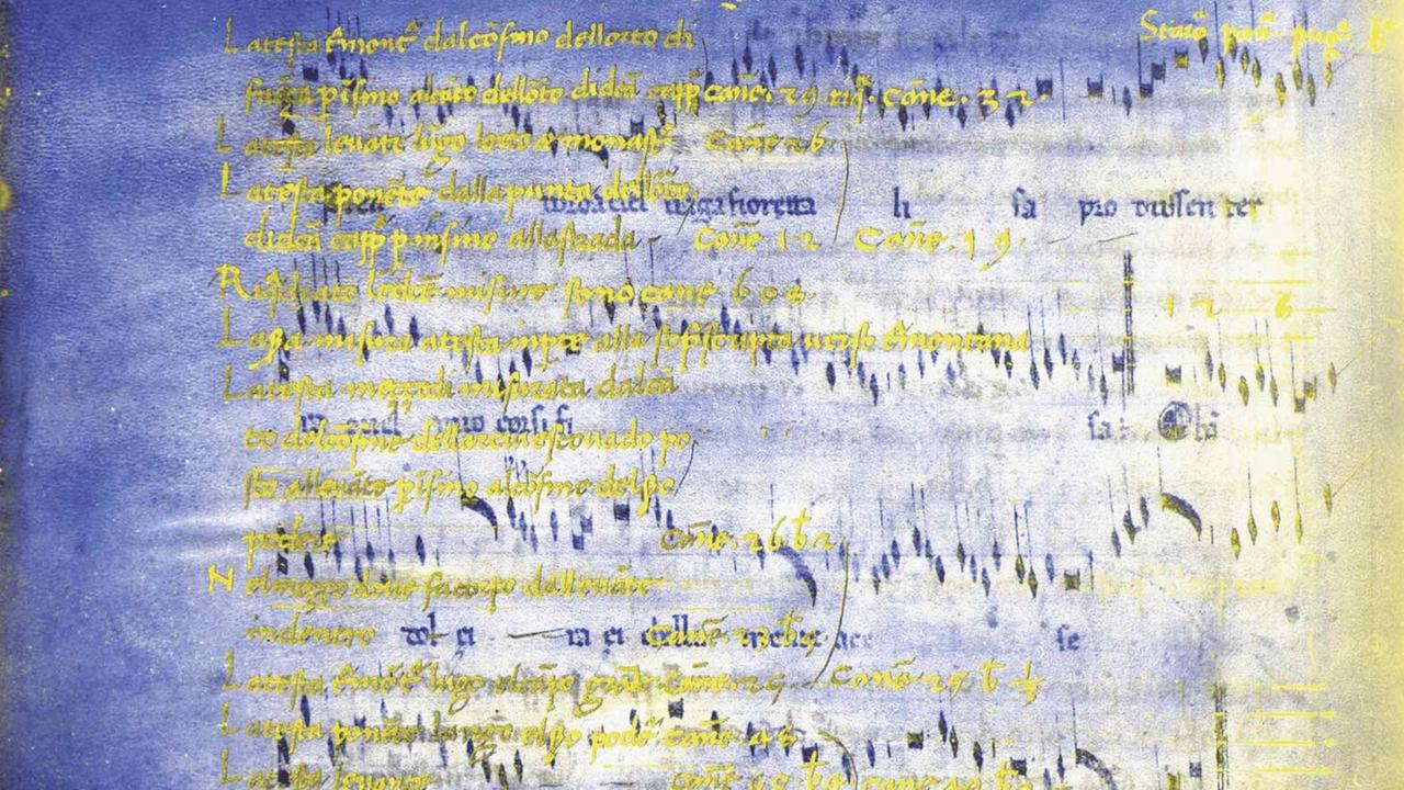 Falschfarbenbild einer Seite aus dem San Lorenzo Palimpsest mit der wieder sichtbar gemachten Notation