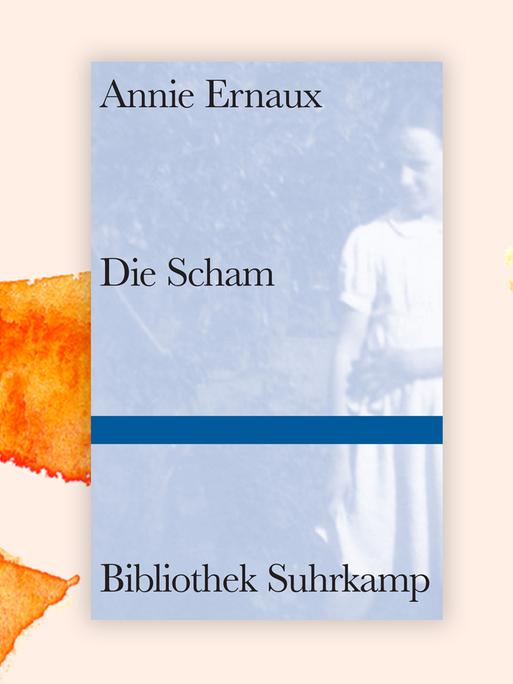 Das Buchcover "Die Scham" von Annie Ernaux ist vor einem grafischen Hintergrund zu sehen.