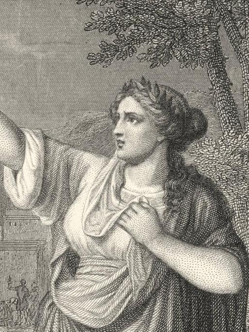 Historischer Stahlstich von Ferdinand Rothbart, 1823 - 1899, ein deutscher Illustrator. Der Stich zeigt die Figur der Kassandra aus der griechischen Mythologie.