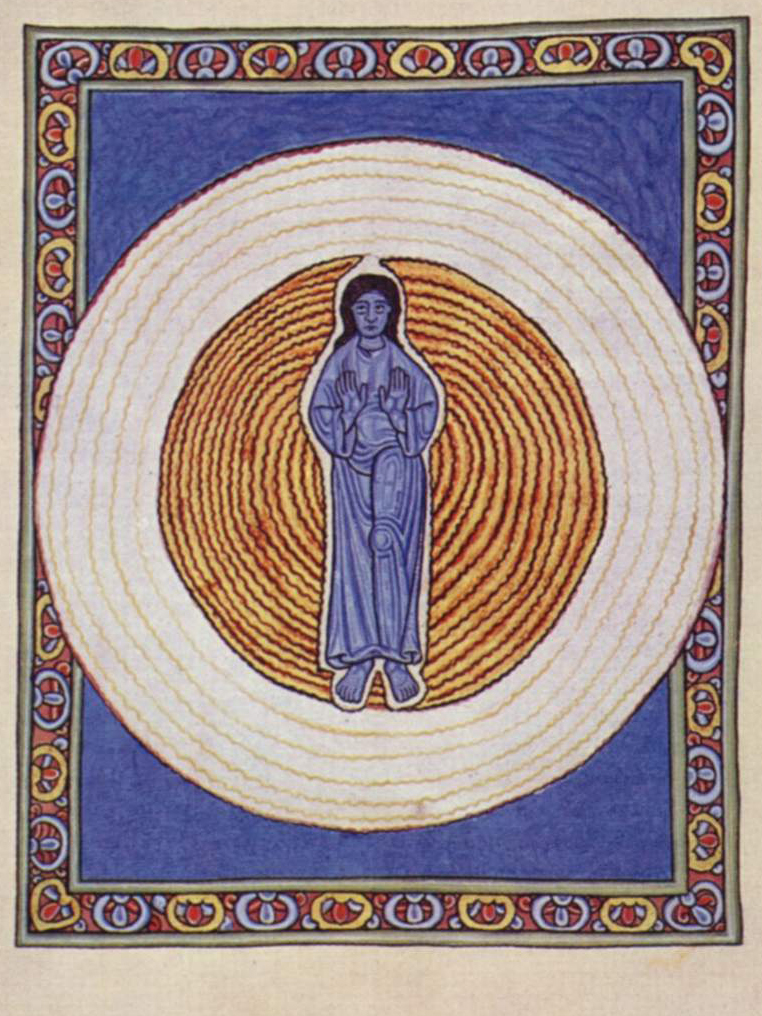 Hildegardis-Codex, sogenannter Scivias-Codex, Szene: Die wahre Dreiheit in der wahren Einheit