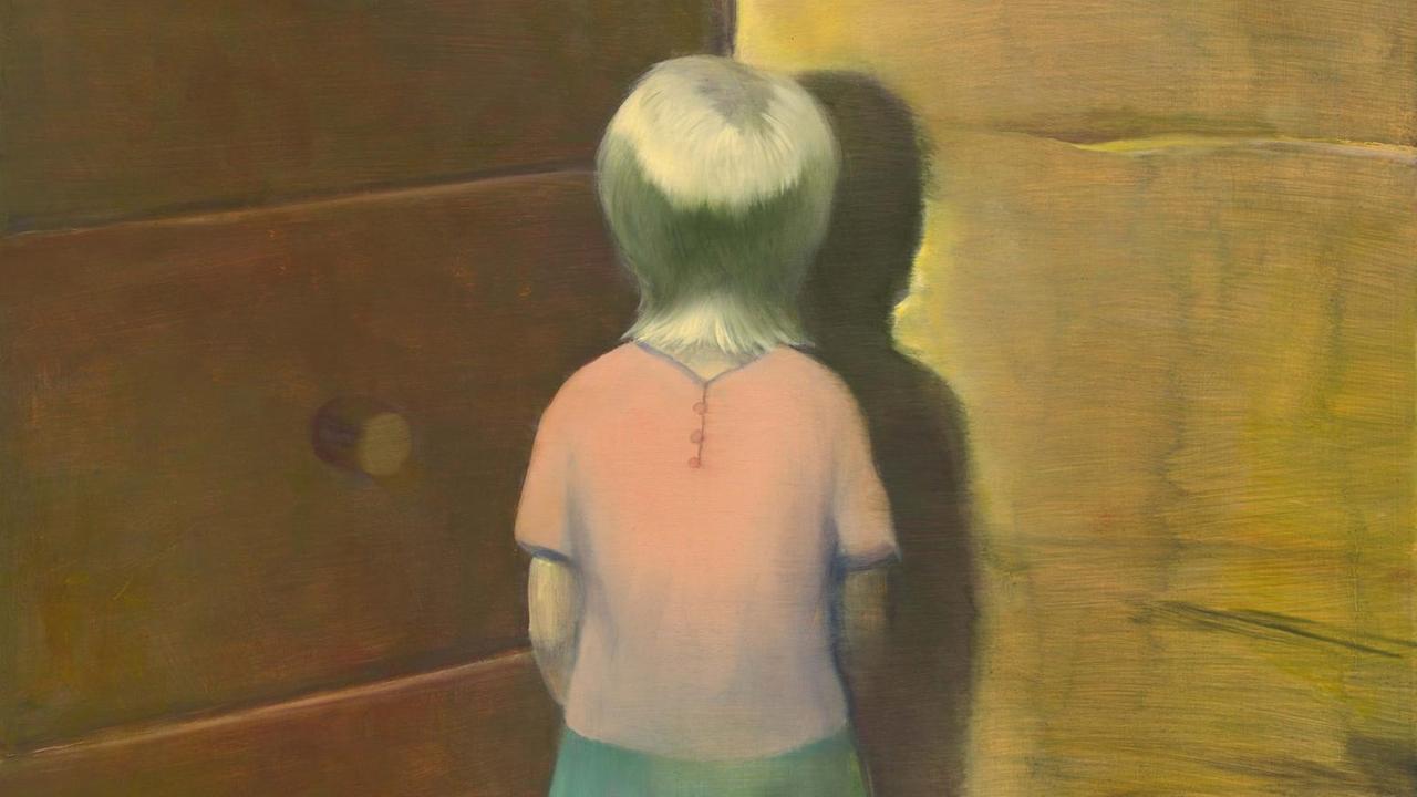 Die Abbildung zeigt einen Auschnitt aus der Malerei "Das Geheimnis" von Stephan entstanden 2005. Öl auf Holz, 65 x 70 cm. Darauf zu sehen ein kleines Mädchen mit dem Rücken in einer Ecke stehend.