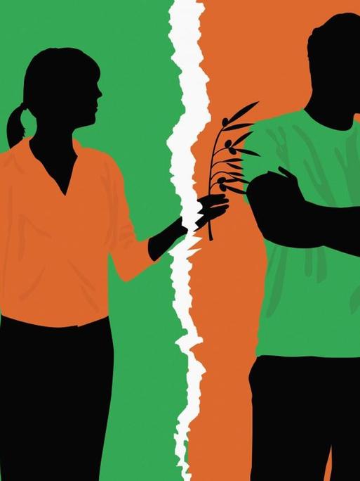 Eine Illustration zeigt eine Frauensilhouette auf grünem Hintergrund, die einem einer Männersilouette auf orangenem Hintergrund einen Olivenzweig reicht. Zwischen den beiden liegt ein Riss.