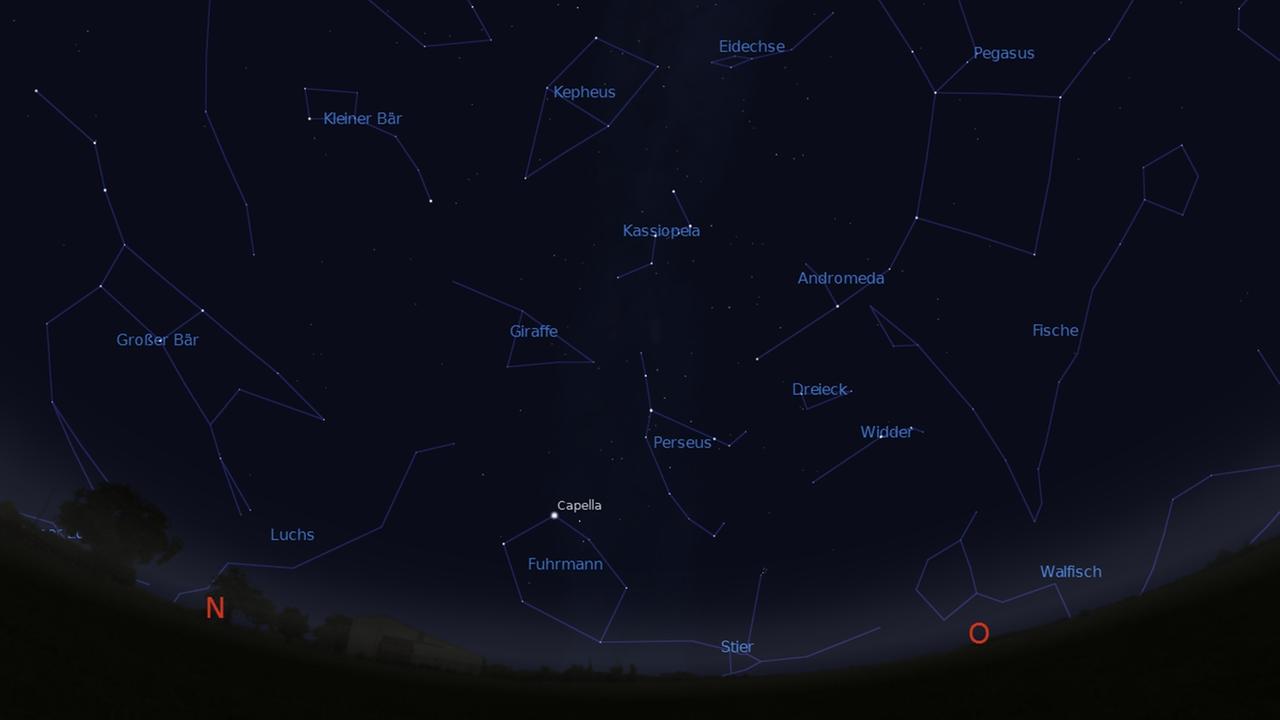 Das Sternbild Perseus, aus dem die Sternschnuppen zu kommen scheinen, steigt nach Mitternacht am Osthimmel auf