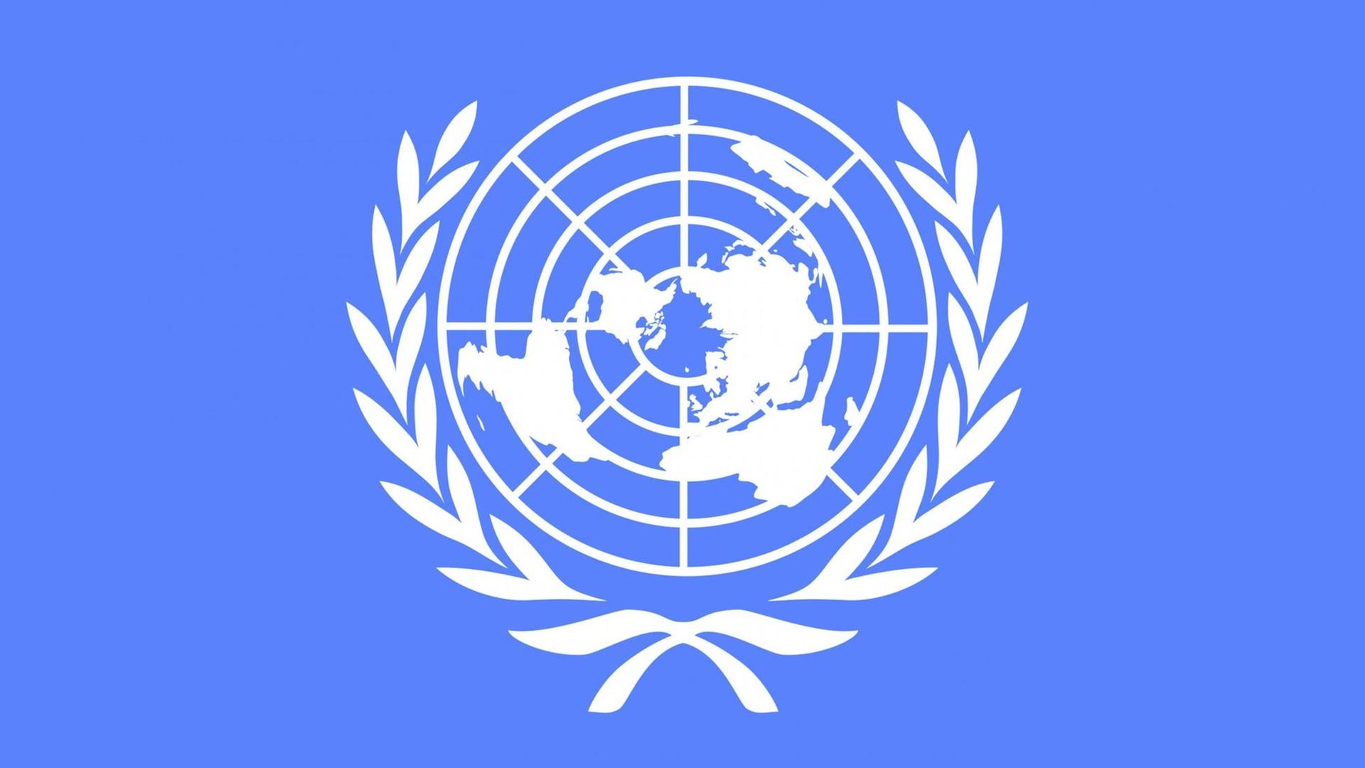 Sie sehen das Logo der Vereinten Nationen - weiß auf blauem Grund.