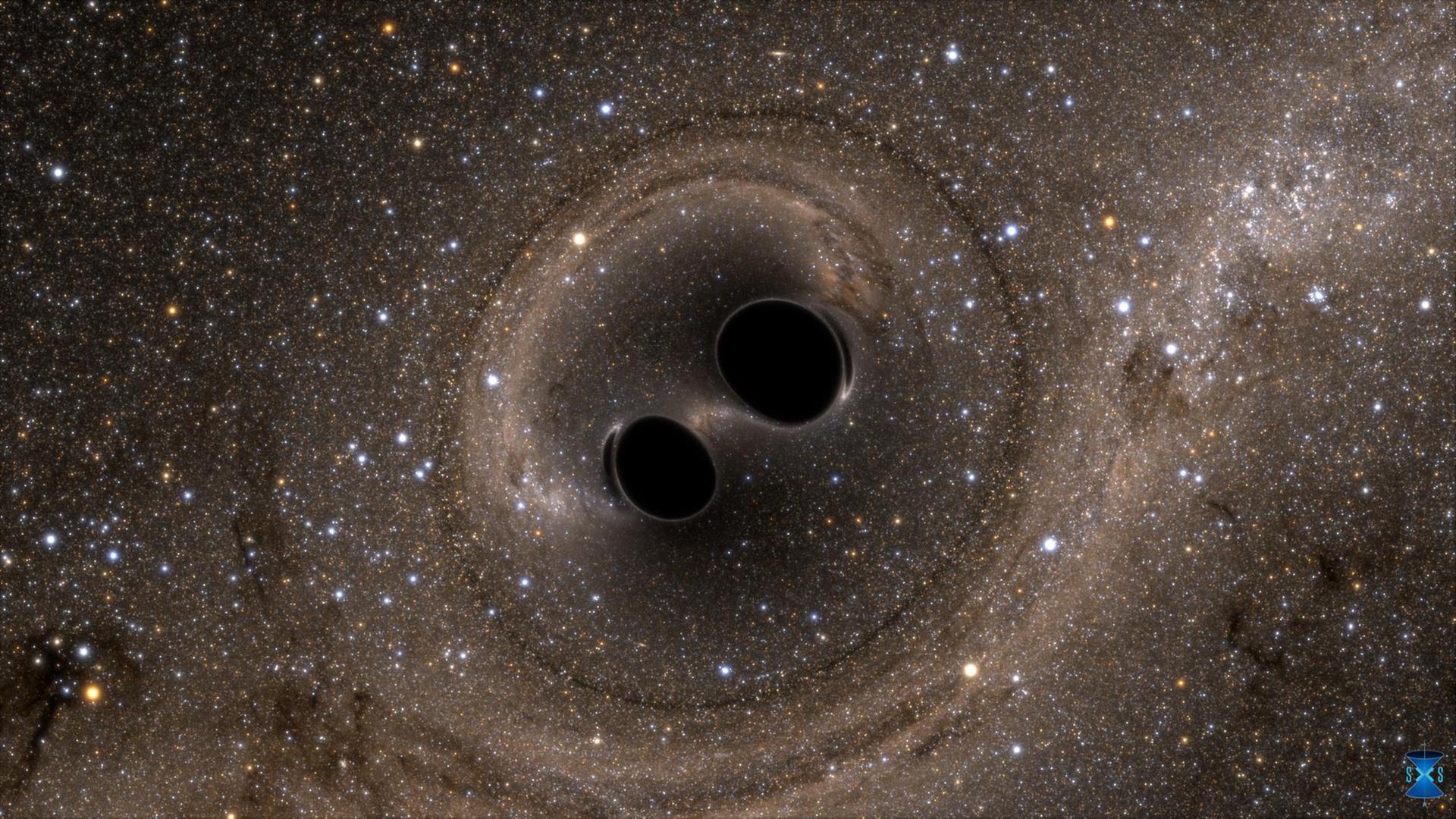 Simulation der Kollision von zwei Schwarzen Löchern, wie sie vom Gravitationswellen-Detekto LIGO aufgezeichnet worden ist.